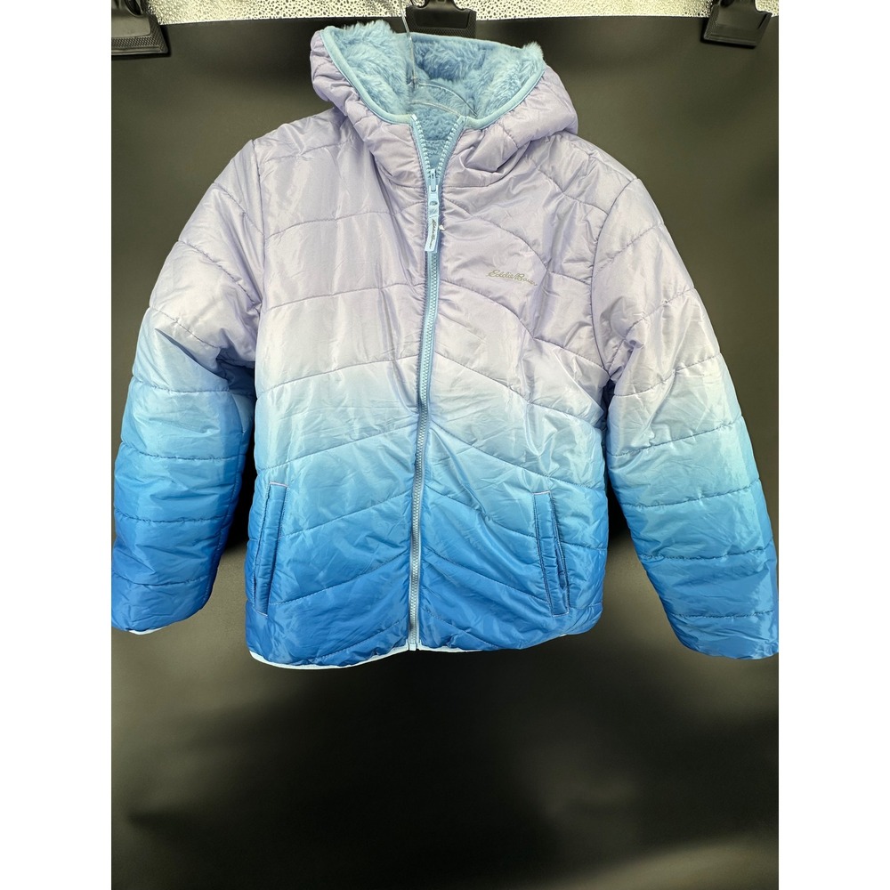 Eddie Bauer Kids Reversible Ombre Puffer Jacket Blue Purple Faux Fur 14/16